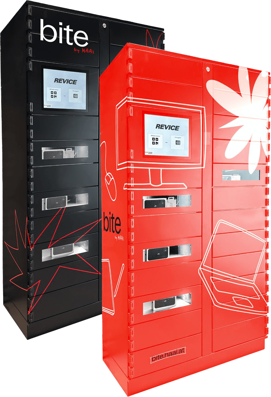 Revice Zwei Revice Geräte sind zu sehen. Eines in rot, das andere in schwarzer Farbe